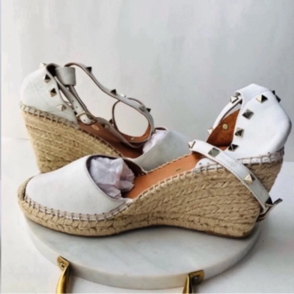 Maypol White Leather Wrap Espadrille Wedges